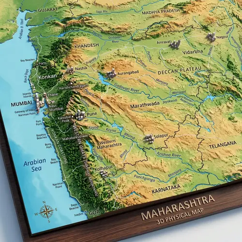Detailed 3D Map of Maharashtra | Geographical Features & Cities
