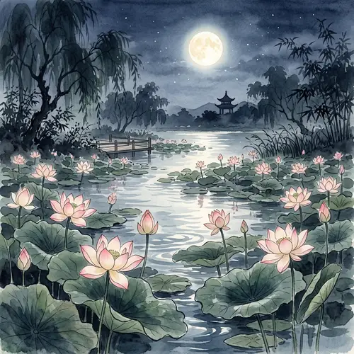 Serene Lotus Pond Under Moonlight - Traditional Chinese Landscape