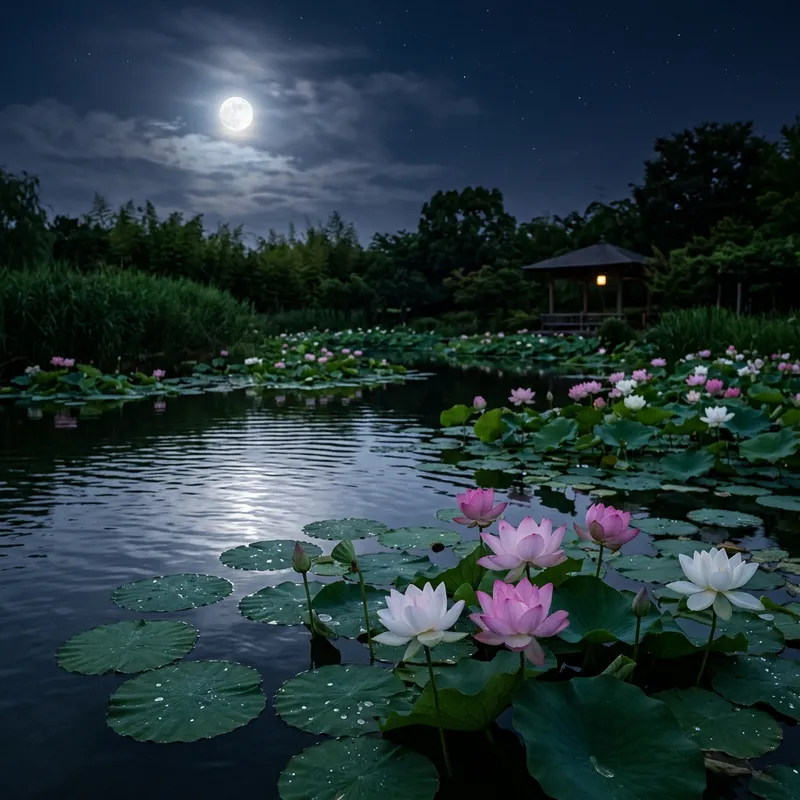 Calming Lotus Pond under Moonlight | Authentic Imagery Calming Lotus Pond under Moonlight | Authentic Imagery