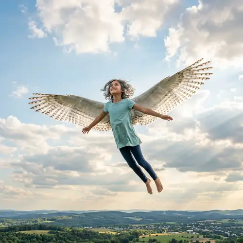 Hispanic Girl with Snowy Owl Wings in Pale Blue Sky