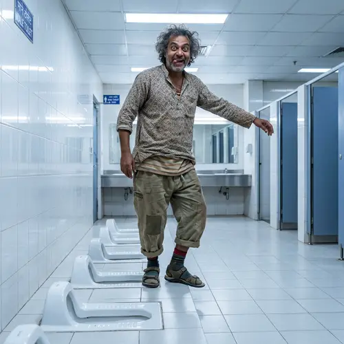 Eccentric South Asian Man Balancing on Toilets