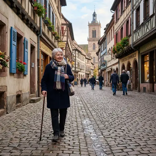 Elderly Woman Walking in Historic Haguenau | French Architecture