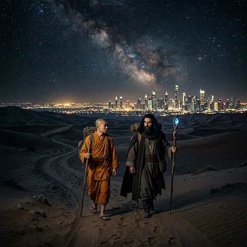 Monk and Wizard Journeying Through Desert | Celestial Narrative