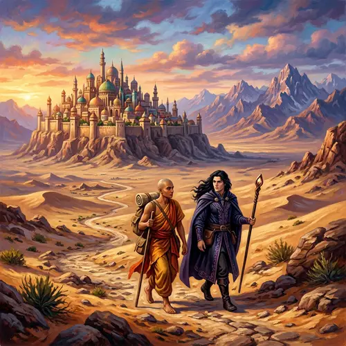 Desert Journey Fantasy Illustration: Monk and Sorcerer in Enchanting Landscape