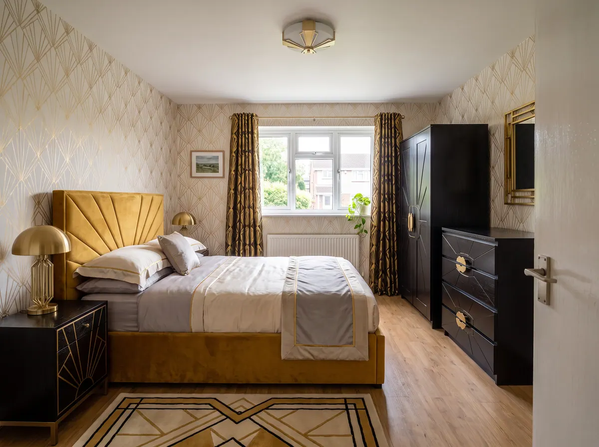 A bedroom in Art Deco style, made with AI