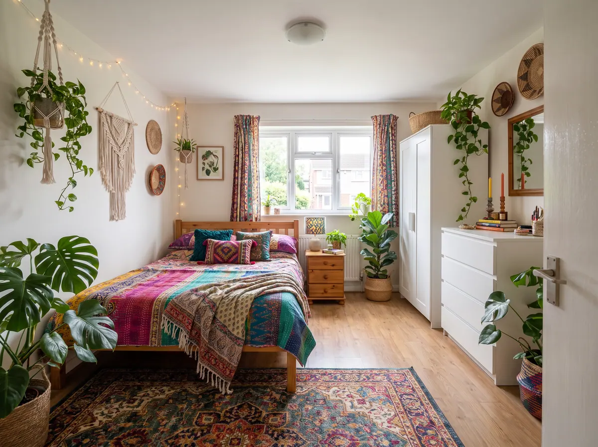 A bedroom in Boho style, made with AI