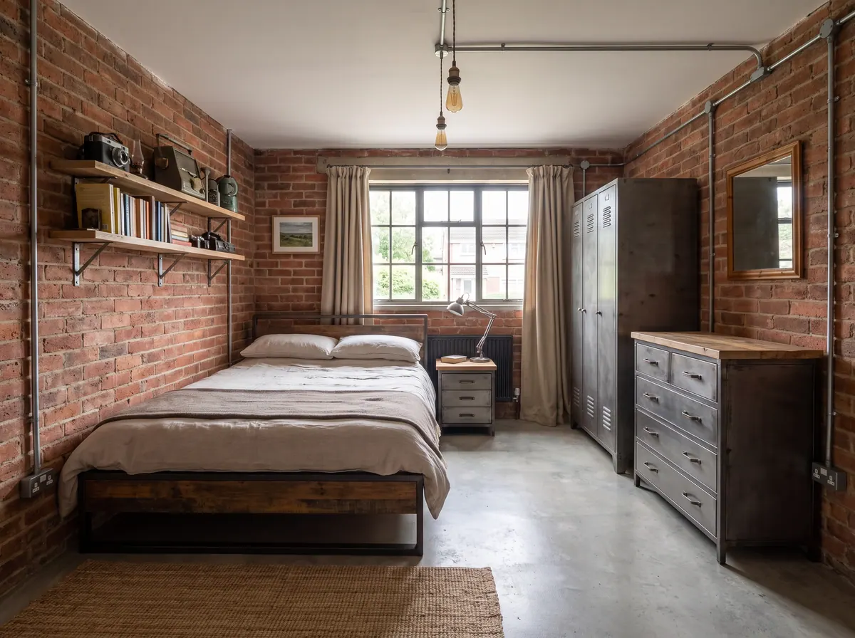 A bedroom in Industrial style, made with AI