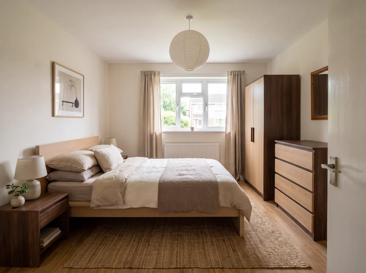 A bedroom in Japandi style, made with AI