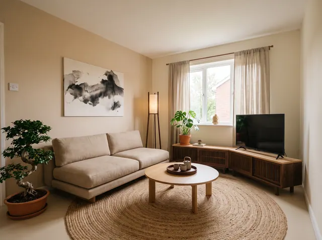 A living room in Japandi style