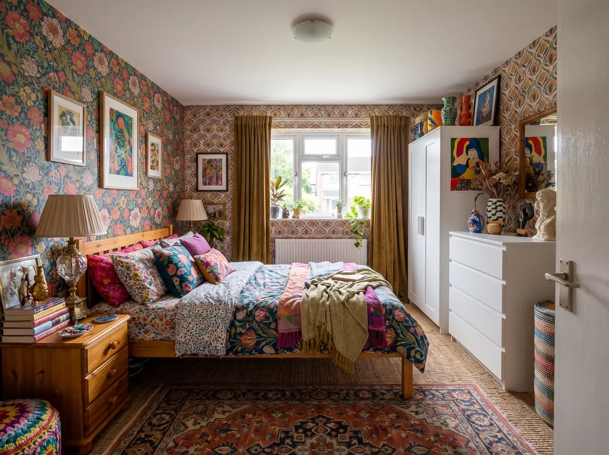 A bedroom in Maximalist style, made with AI