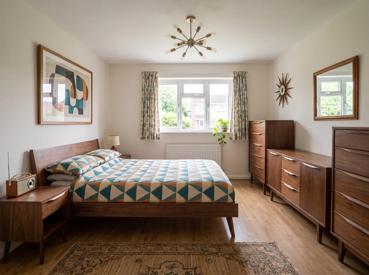 A bedroom in Mid-Century Modern style, made with AI