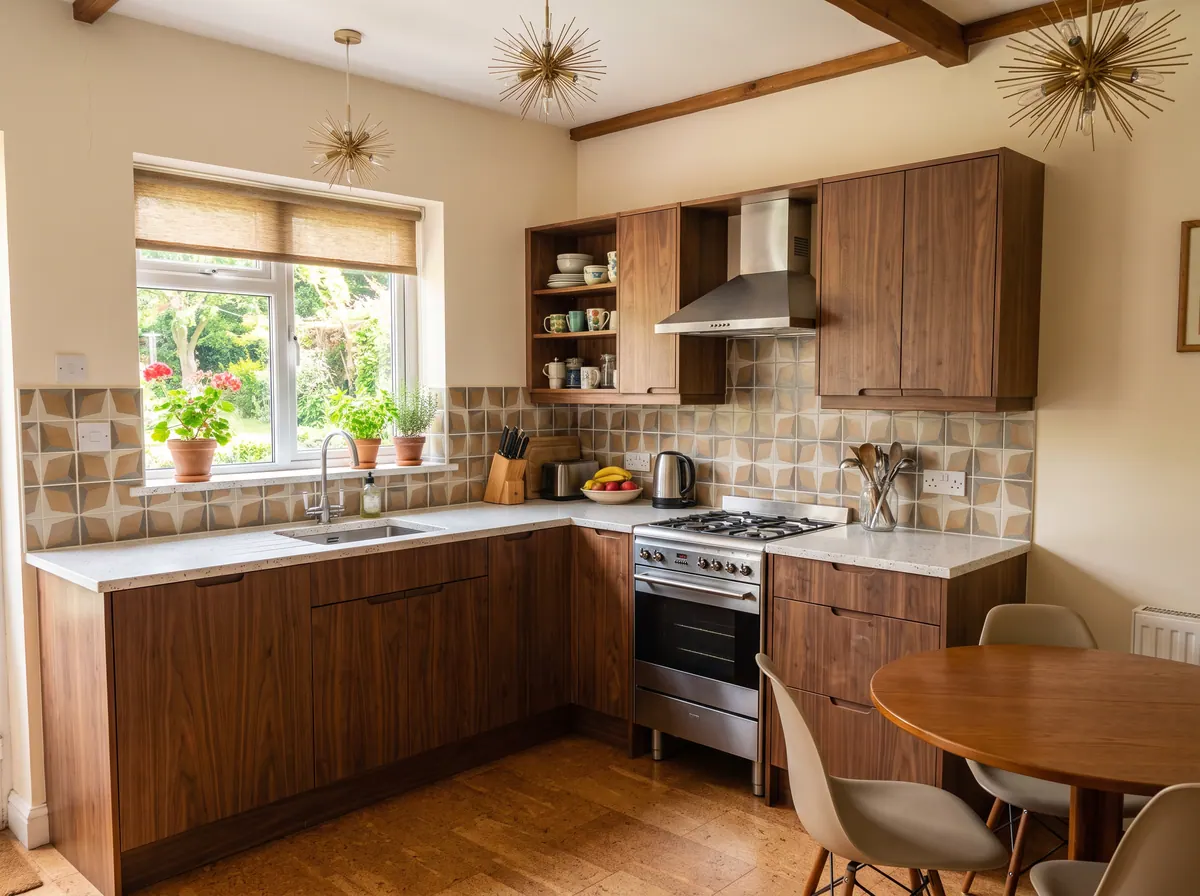 A kitchen in Mid-Century Modern style, made with AI