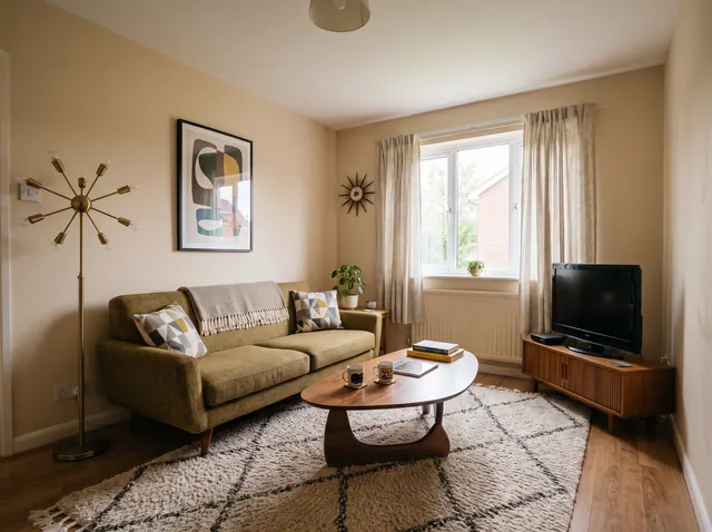 A living room in Mid-Century Modern style