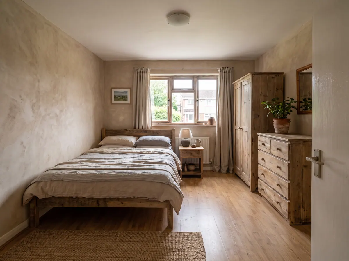 A bedroom in Wabi-Sabi style, made with AI