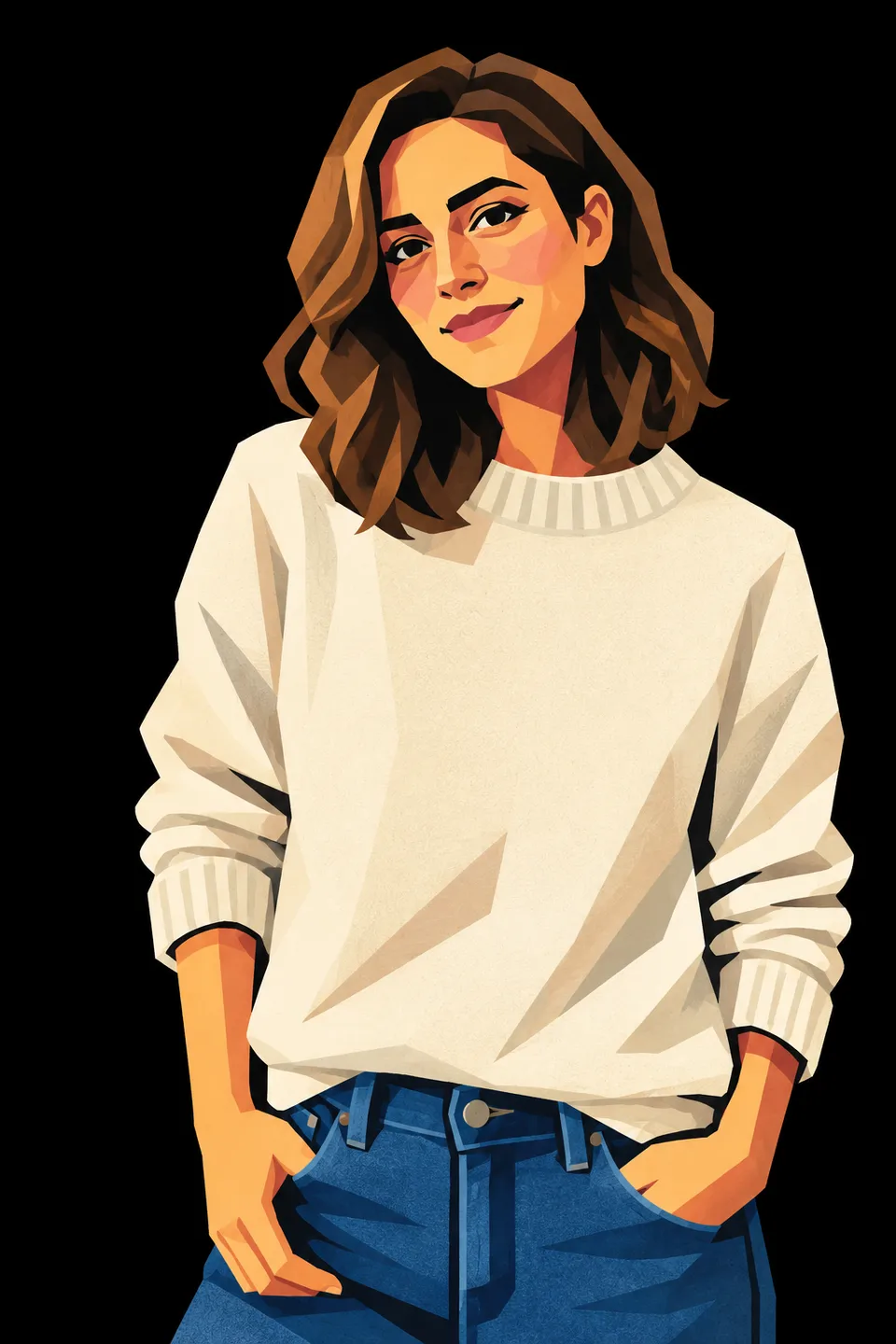 The same woman turned into a minimalist cubist vector illustration with the same sweater, jeans and hairstyle