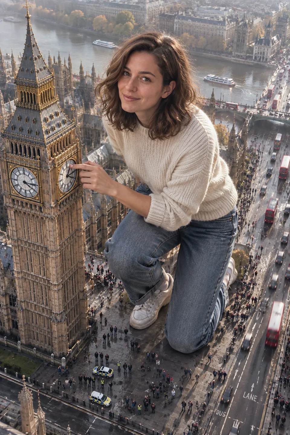 Consistent AI character: the same woman as a giant kneeling beside a clock tower above a busy city street