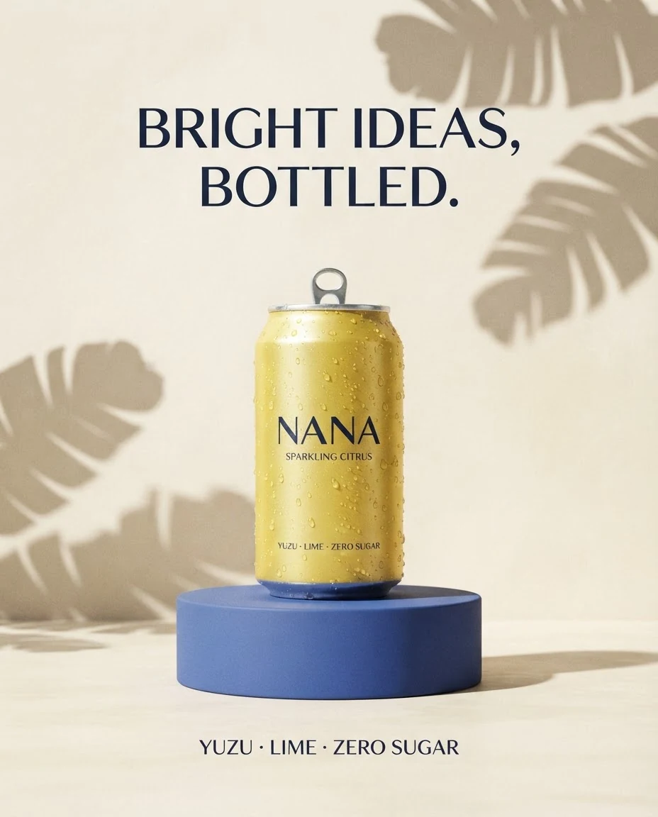 Nano Banana 2 Lite output for the NANA poster prompt: an open yellow NANA can with small extra text on a blue pedestal in front of banana-leaf shadows