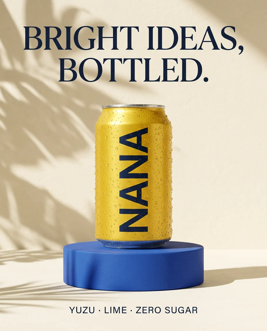 Nano Banana 2.1 output for the NANA poster prompt: a yellow can with a vertical NANA wordmark on a round blue pedestal, the headline Bright Ideas, Bottled at the top and the flavor line at the bottom