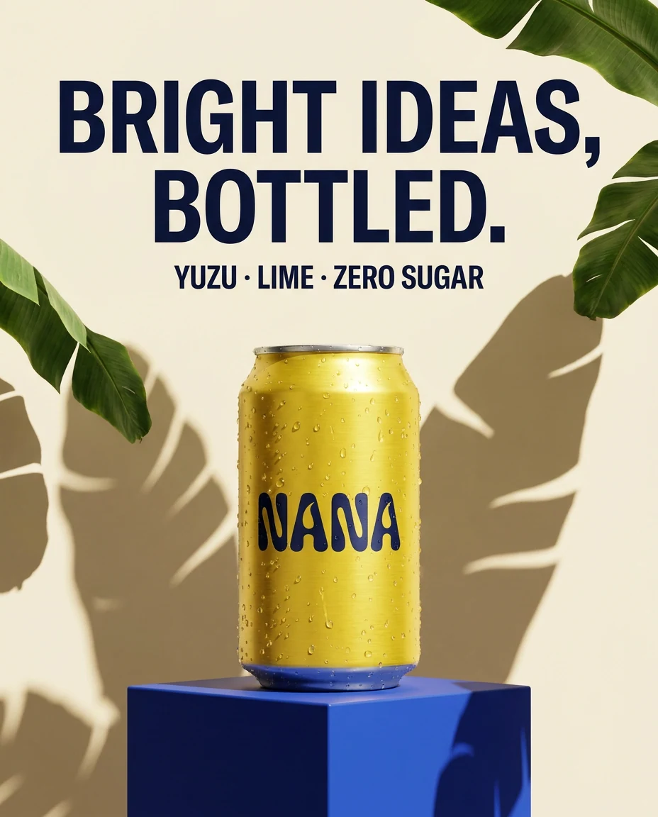 Nano Banana Pro output for the NANA poster prompt: a bold sans-serif headline and a yellow can with custom NANA lettering on a square blue block, with banana leaves in the corners
